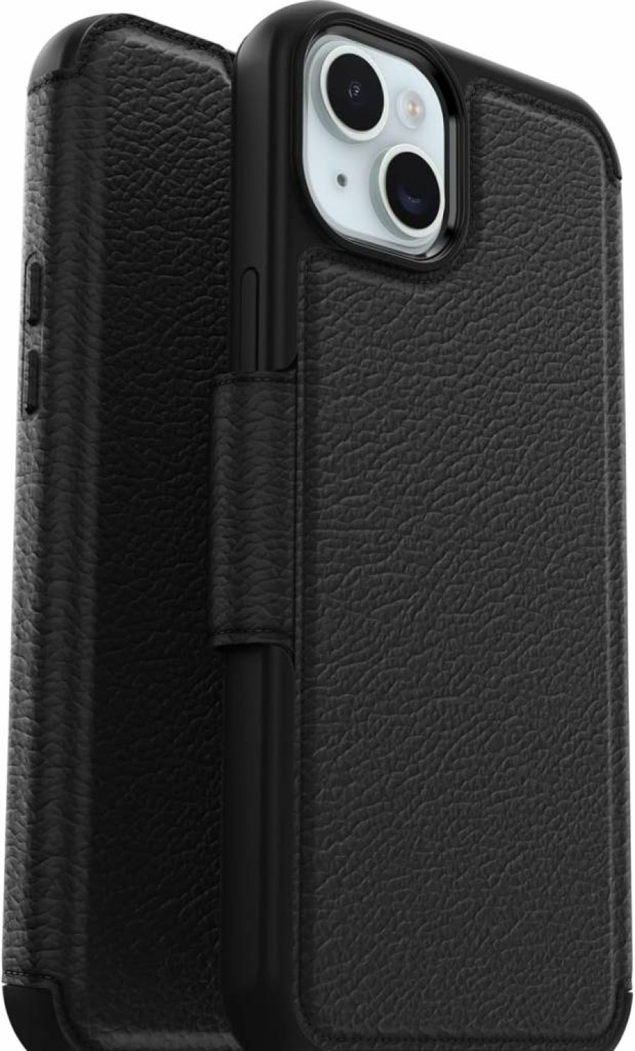 OtterBox Strada Folio Series Genuine Leather Case for iPhone 15 Plus - Black with Card Holder, MagSafe Compatible, Slim Protective Cover