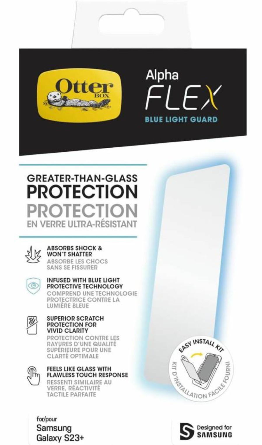 OtterBox Alpha Flex Screen Protector for Galaxy S23+ | Anti-Microbial, Blue Light Filter, Fingerprint Resistant, Precision Fit, Enhanced Clarity & Touch Sensitivity