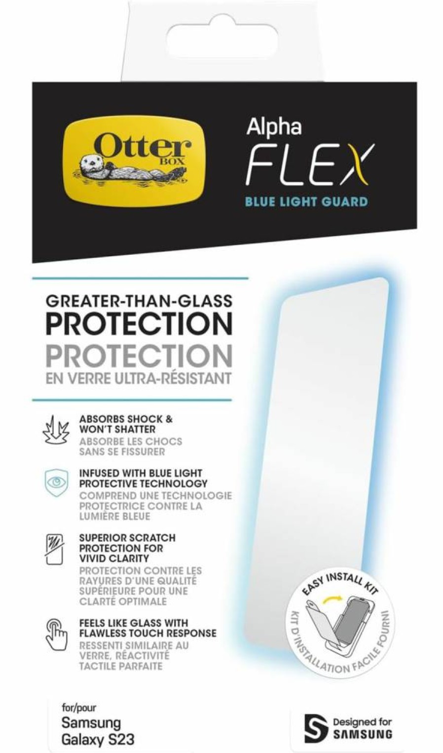 OtterBox Alpha Flex Screen Protector for Galaxy S23 - Anti Microbial, Anti Blue Light, Fingerprint Resistant, Precision Fit, Enhanced Clarity & Touch Sensitivity
