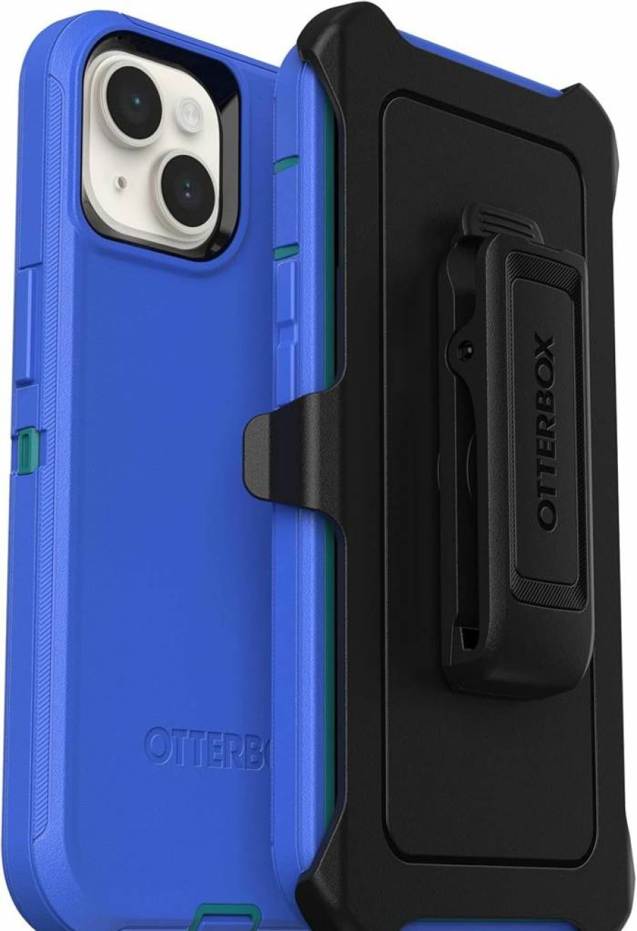 OtterBox Defender Series Case for iPhone 14 & iPhone 13 - Rugged Protective Cover with Holster Clip, Kickstand & Port Protection, Rain Check Blue