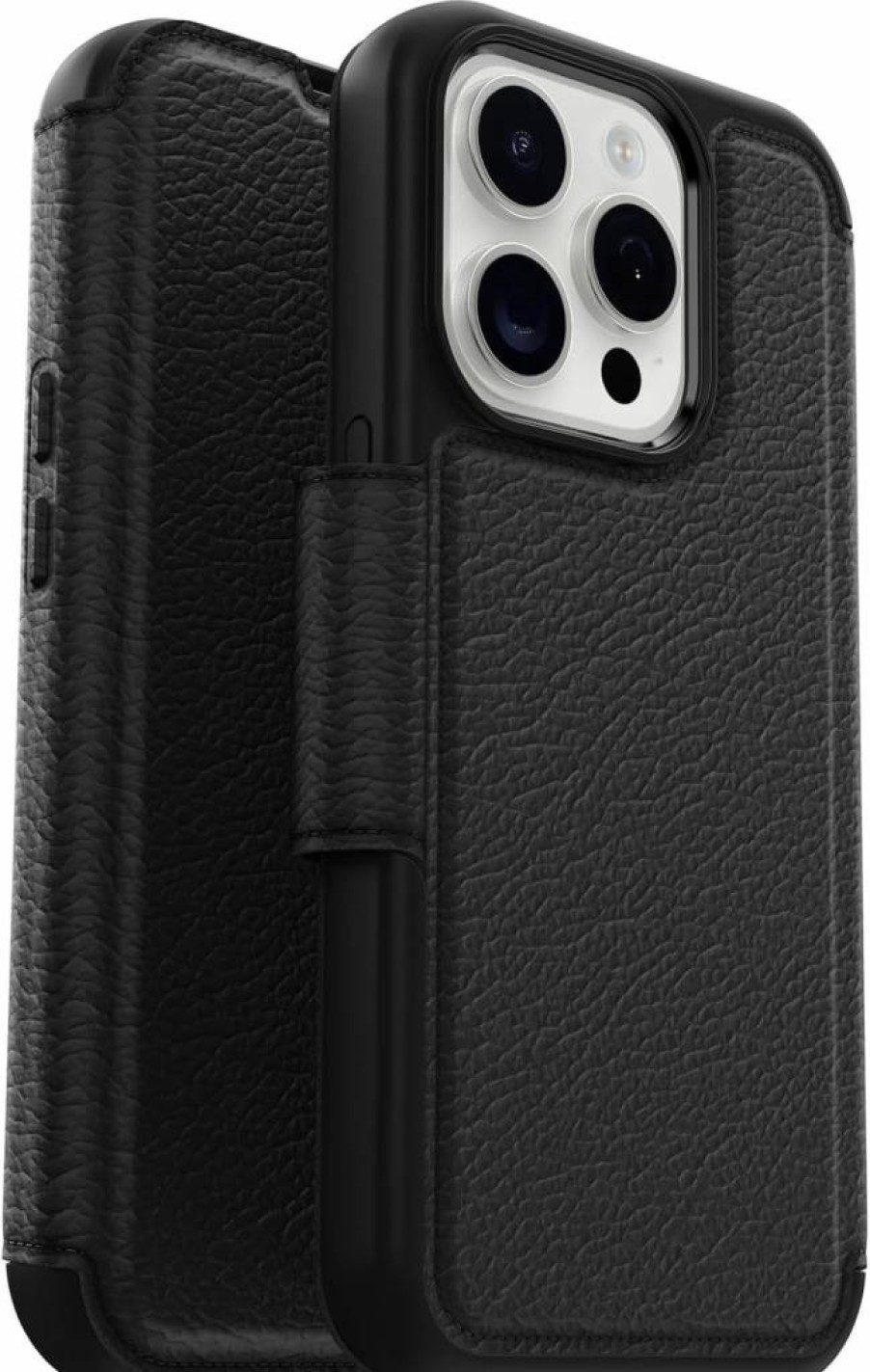 OtterBox Strada Folio Series Genuine Leather Case for iPhone 15 Pro - Black with Card Holder, MagSafe Compatible, Slim Protective Cover