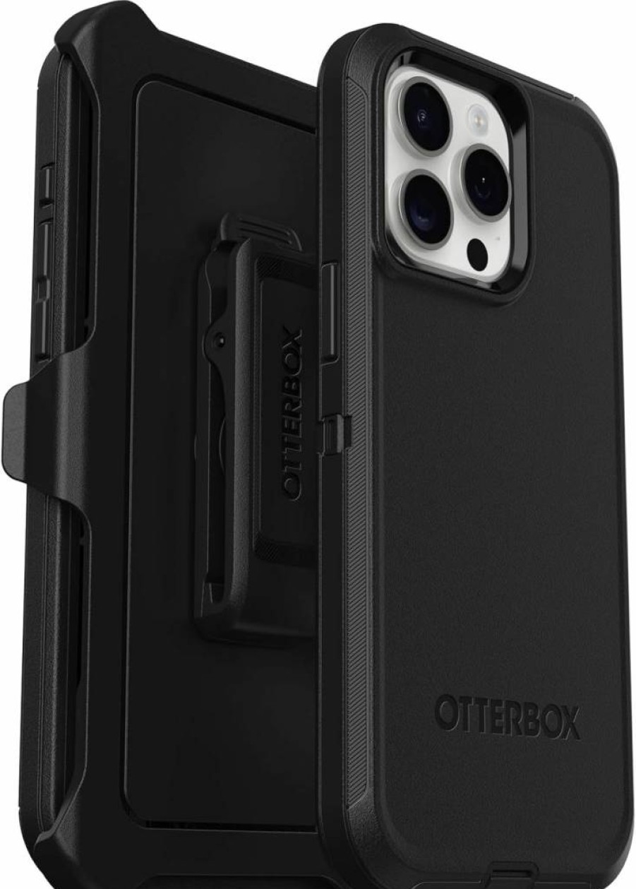 OtterBox Defender Series Case for iPhone 15 Pro Max - Rugged Protective Cover with Holster Clip Kickstand, Port Protection & Polybag Packaging (Black, Screenless Design)