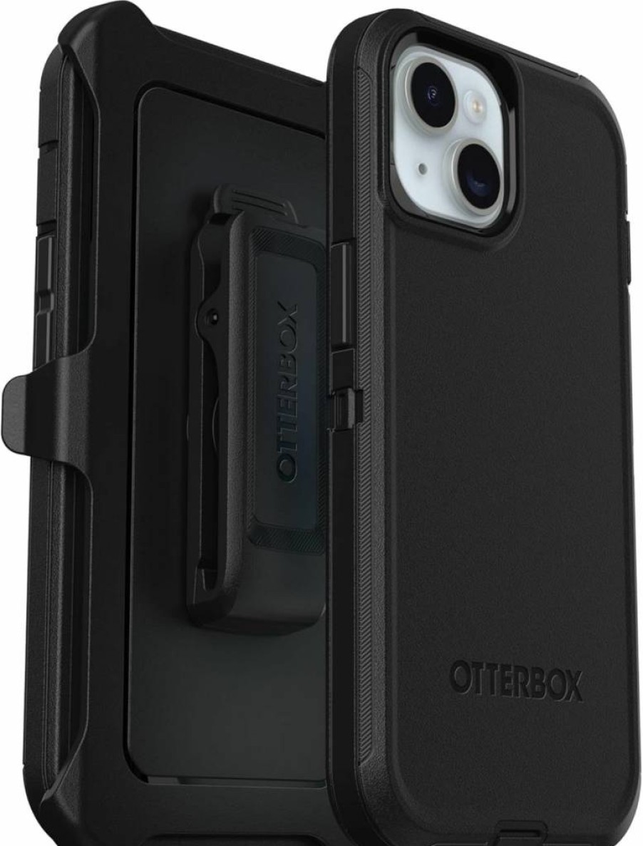 OtterBox Defender Series Rugged Case for iPhone 15, 14, 13 - Black with Holster Clip Kickstand & Port Protection | Durable Polybag Packaging